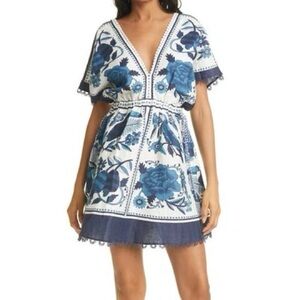 FARM Rio Blue and White Tropical Tiles Mini Dress